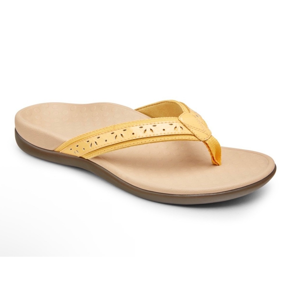 Vionic Casandra Tide Heritage Yellow Leather Orthotic Flip Flop Sandals Womens 7